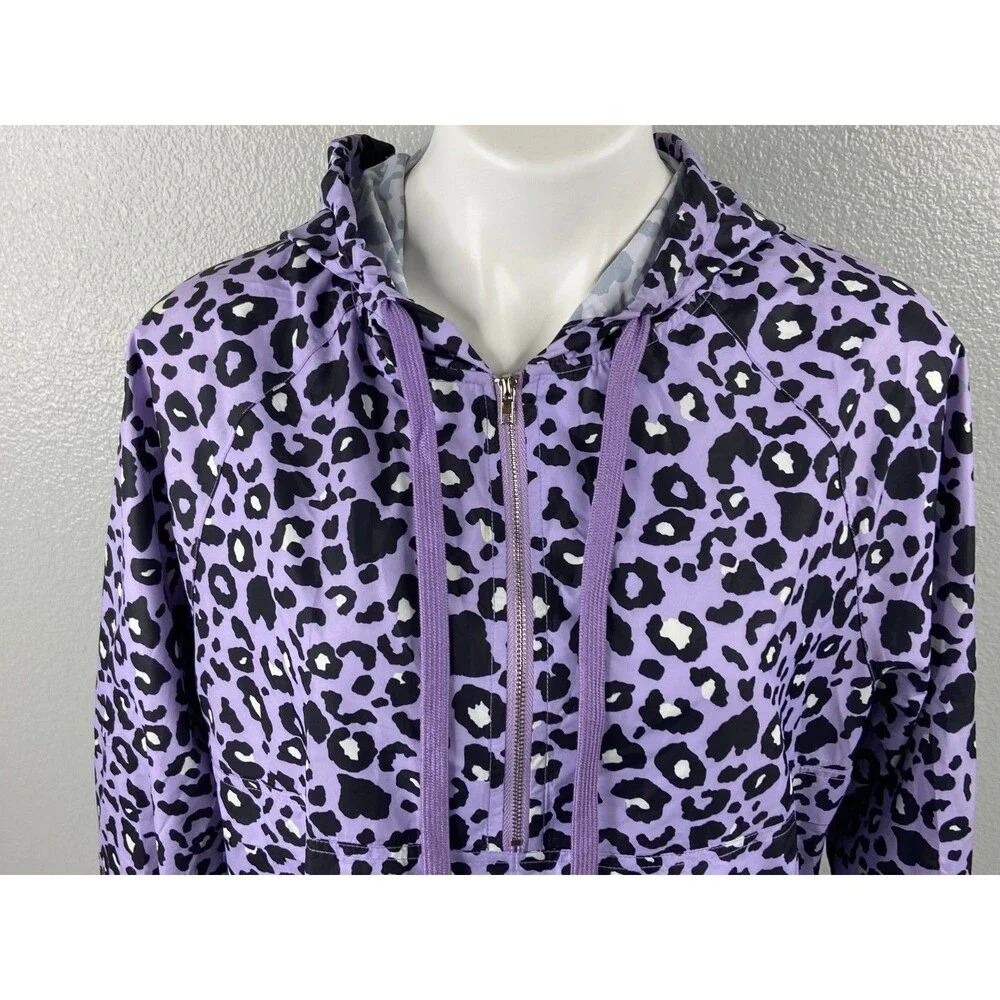 Main Strip Women Small Windbreaker Purple Leopard Print Packable Hooded NWT - Picture 2 of 9